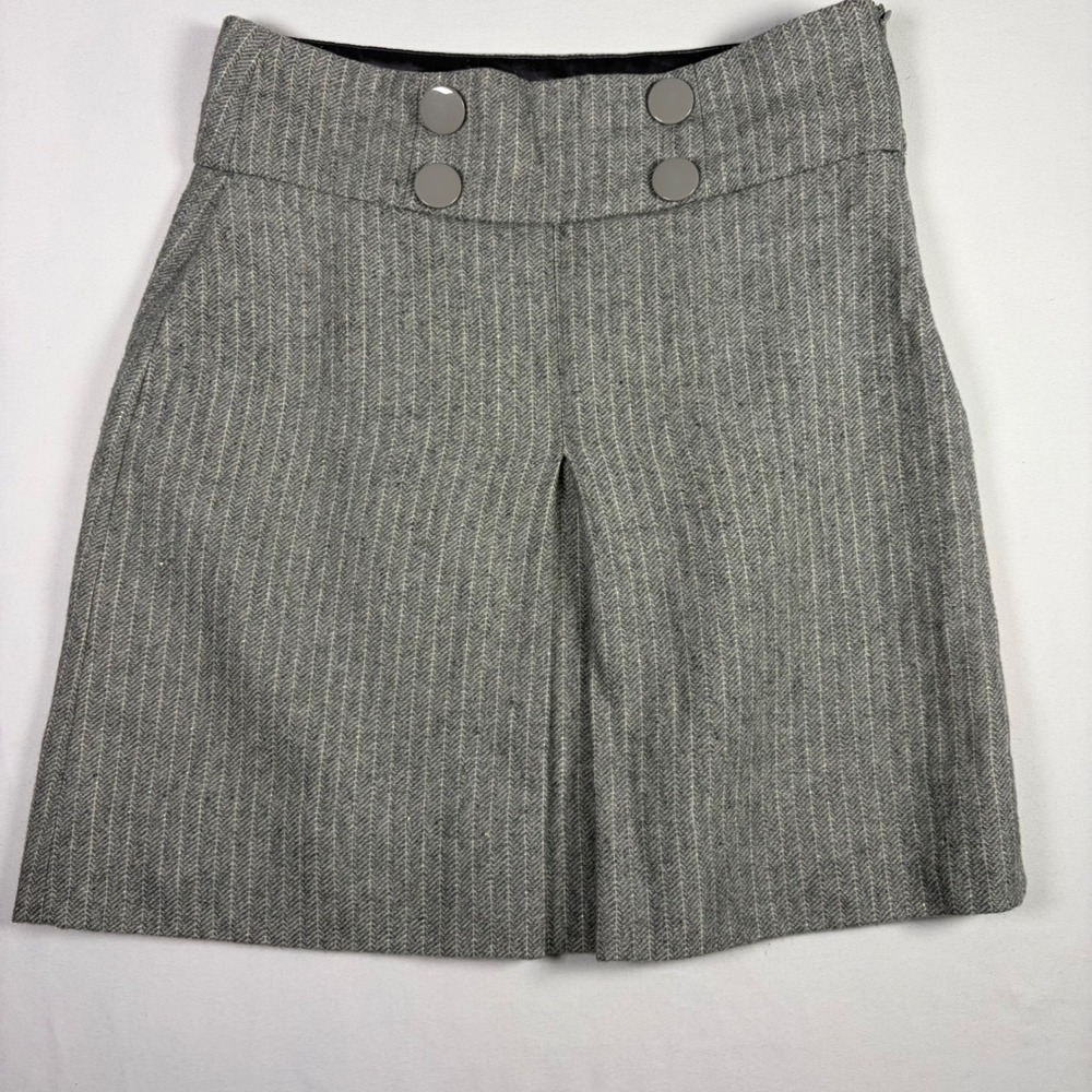 Fossil Mini Skirt Grey Herringbone Pinstripe Button Front Academia Office Sz. 6